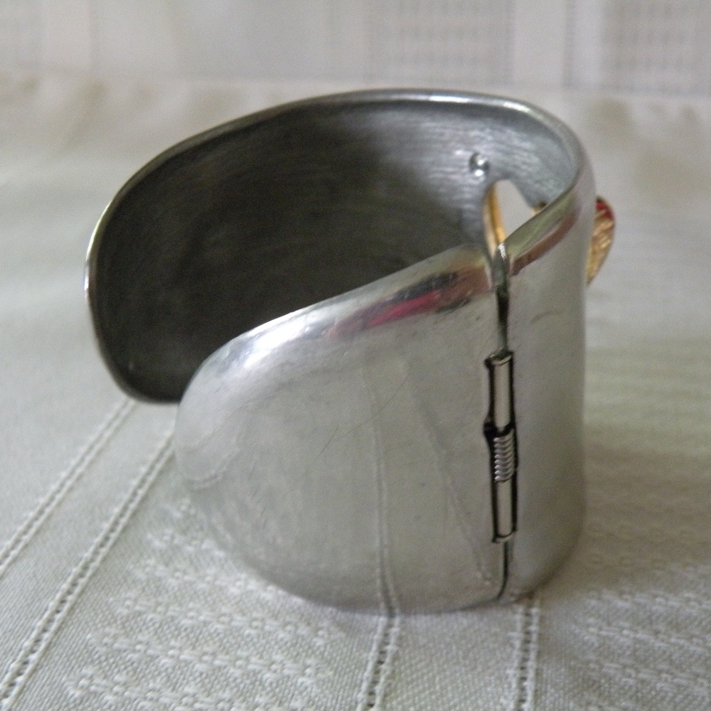 Diane von Furstenberg Silver & Gold Tone Heart 2" Wide Hinge Cuff Bracelet - Picture 11 of 12